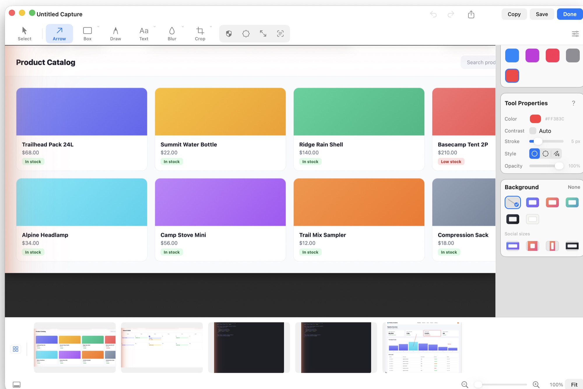 A capture opened straight into ScreenClipr's editor right after being taken, showing a product catalog with the toolbar, Quick Styles, and Tool Properties panel ready to go, and the capture already sitting in the filmstrip of recent captures below