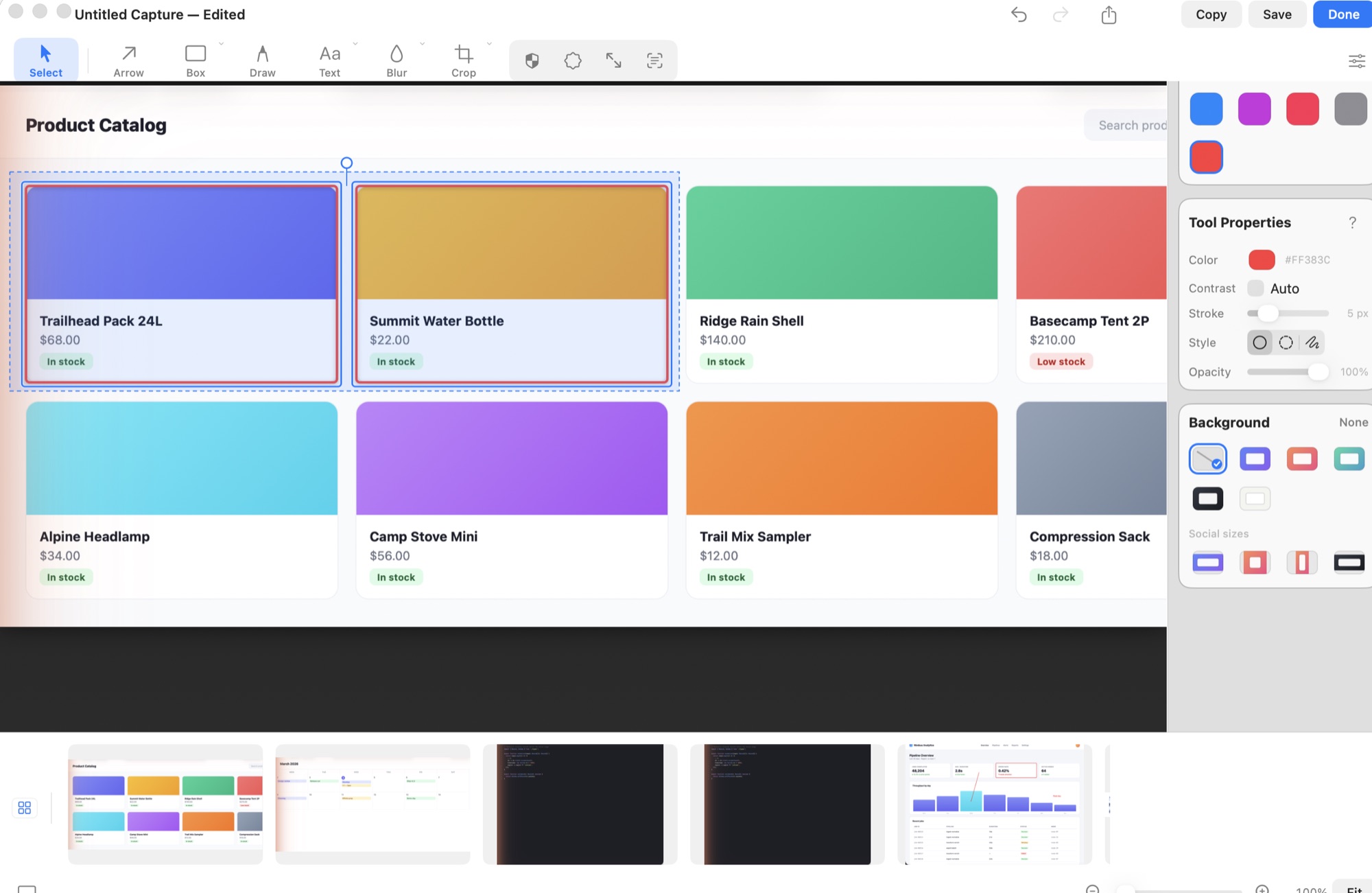 Two box annotations multi-selected on a product catalog screenshot in ScreenClipr's editor, showing individual selection outlines plus the shared group bounding box with its resize handle, ready for ⌘A-style multi-select actions like nudging or duplicating together