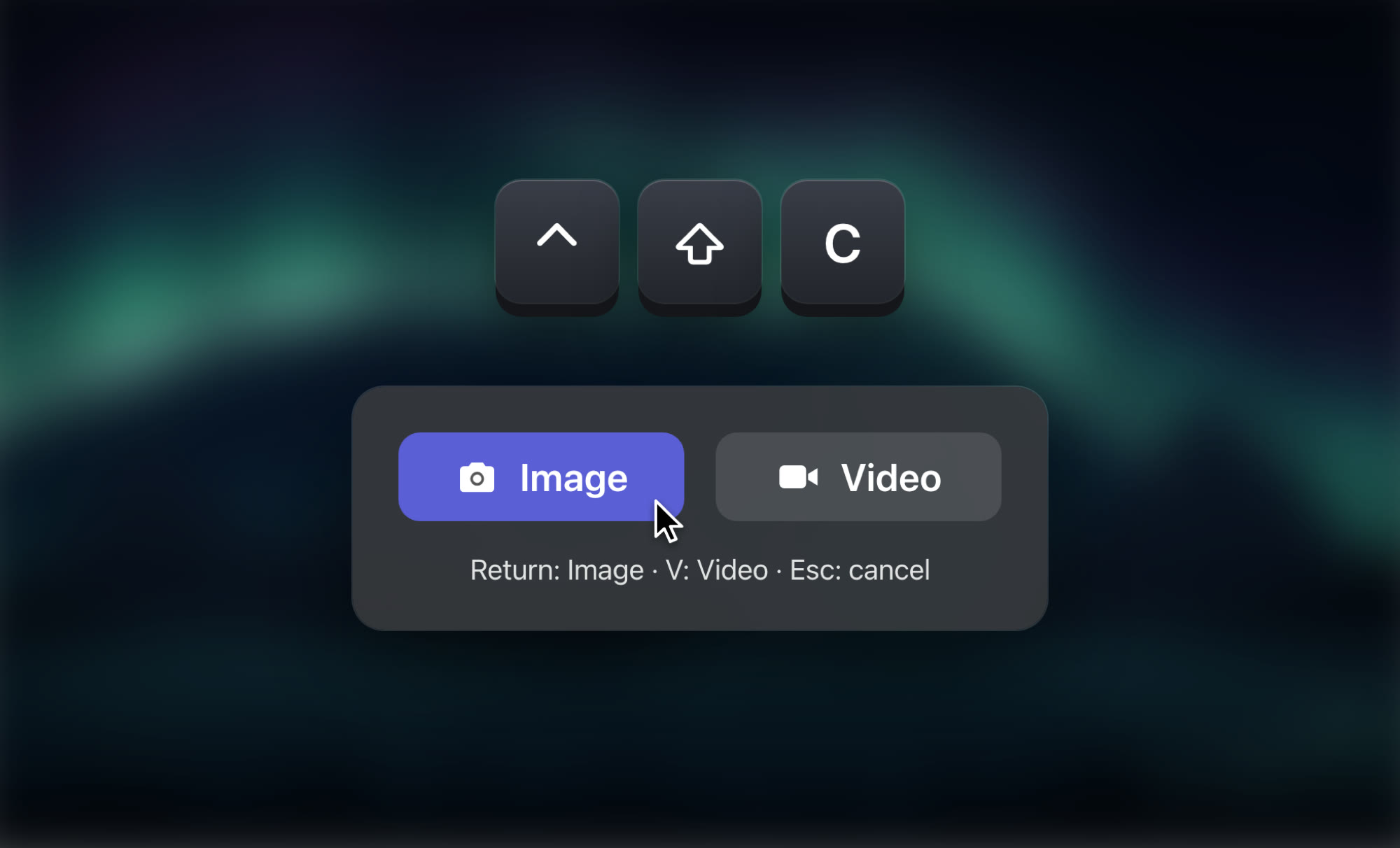 Pressing Control-Shift-C opens ScreenClipr's capture-mode picker over the blurred screen, offering Image or Video, with the hint Return: Image, V: Video, Esc: cancel