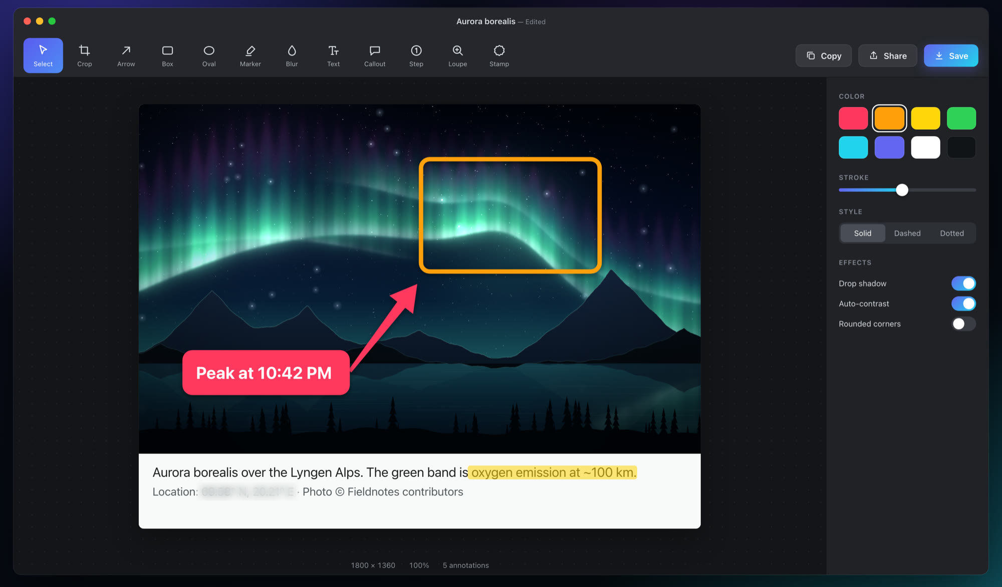 The ScreenClipr editor with an aurora photo annotated: an orange box around the brightest band, a red arrow and a "Peak at 10:42 PM" callout, a yellow highlight on the caption, and the location coordinates blurred out, with the tool bar and color inspector alongside