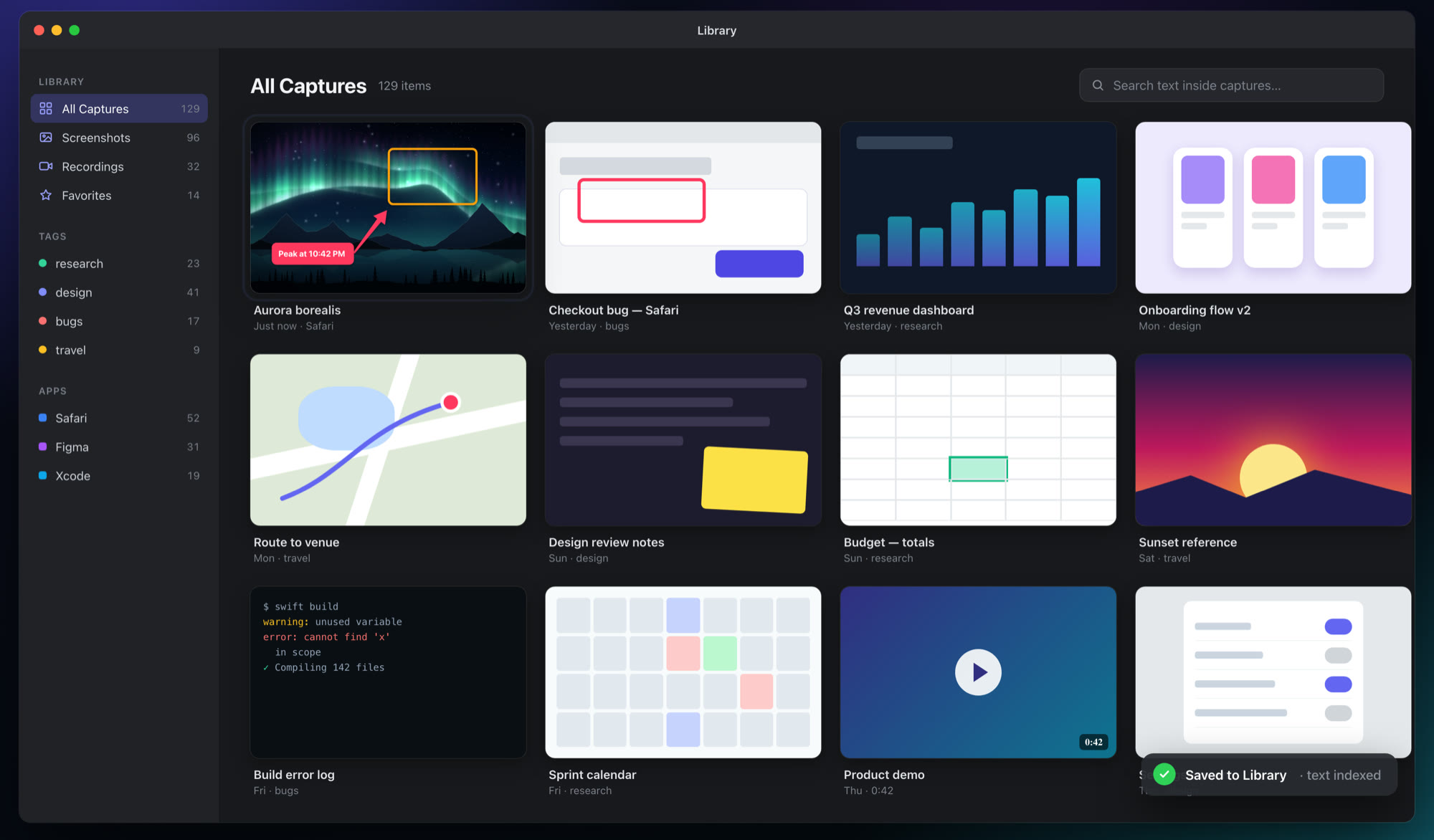 The ScreenClipr library: a grid of capture thumbnails with the newest annotated aurora capture first, a sidebar with Screenshots, Recordings, Favorites, tags and source apps, and a search field for the text inside captures